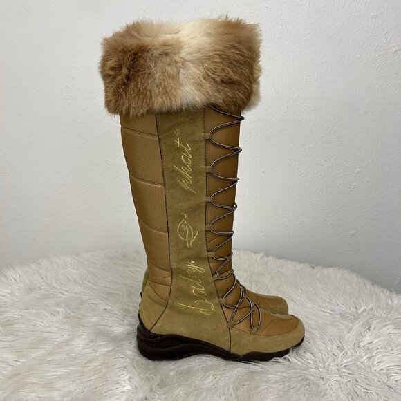 VTG Y2K Baby Phat Tan Faux Fur Trim Lace Up Knee High Boot Quilted Retro Sz 8.5B - Picture 5 of 12